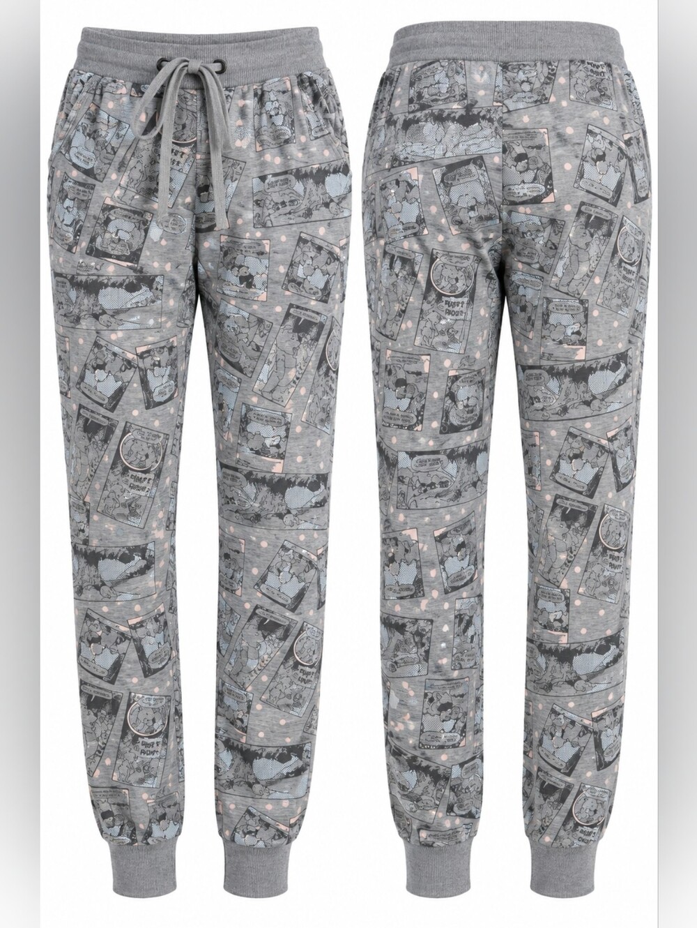 Disney Winnie the Pooh Comic Print Gray Jogger Pants Polka Dot Sweatpants M 8/10